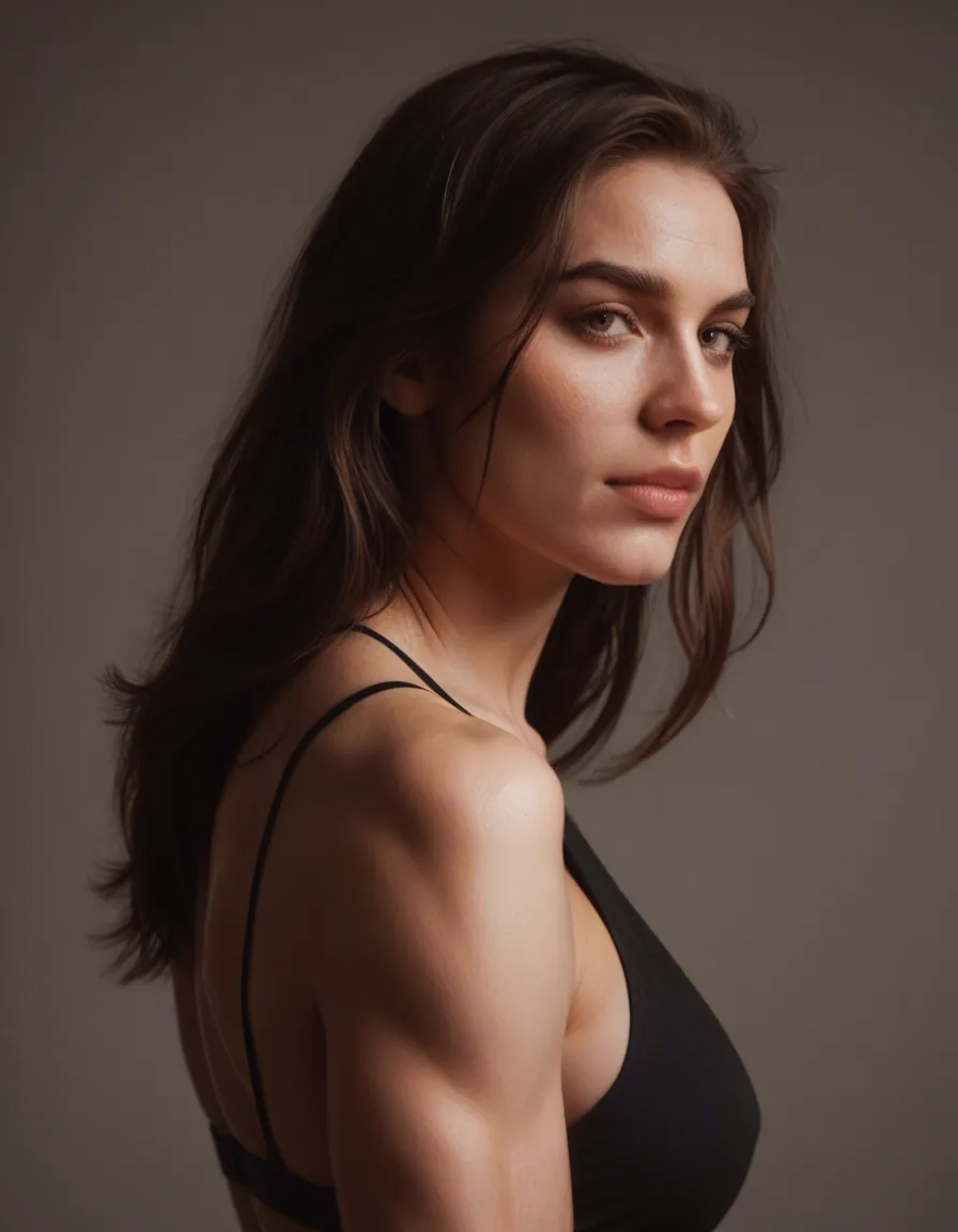 dslr, film grain, photorealistic, side view, brunette woman, futanari, muscular male, hyperrealistic, score_9, score_8, candid photo, realistic skin texture, visible skin pores, film grain, depth of field