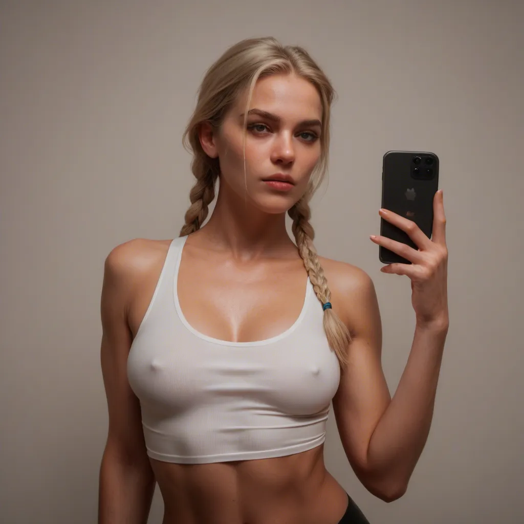 Stunningly gorgeous blonde with a sweet face in tight white crop top showing cleavage, twin braids, small b cup breasts, hard covered nipples, loose white miniskirt, wiggling hips, running fingers through hair , depth_of_field