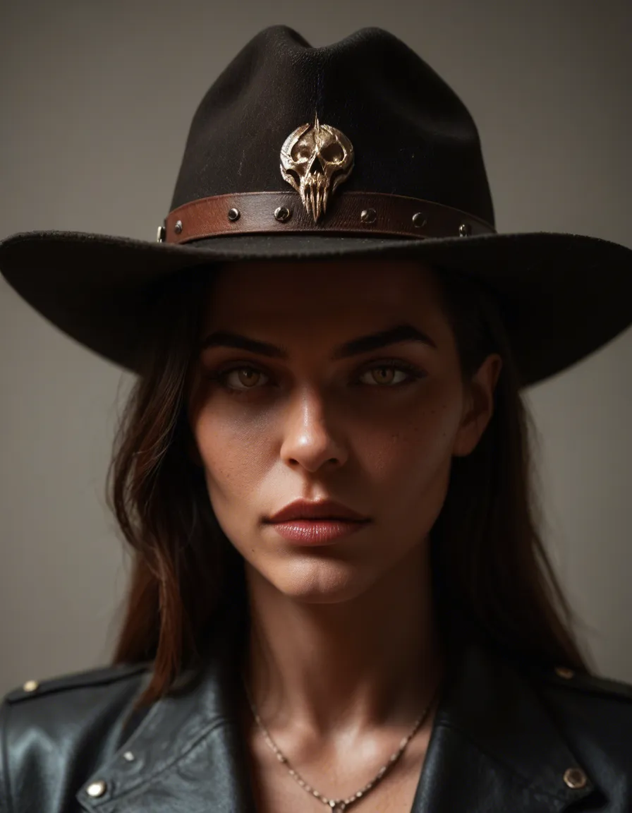 8k, sharp focus, detailed skin, demon woman, hat, presenting, 8k uhd photo light skindentation, score_9, score_8, candid photo, realistic skin texture, visible skin pores, film grain, depth of field