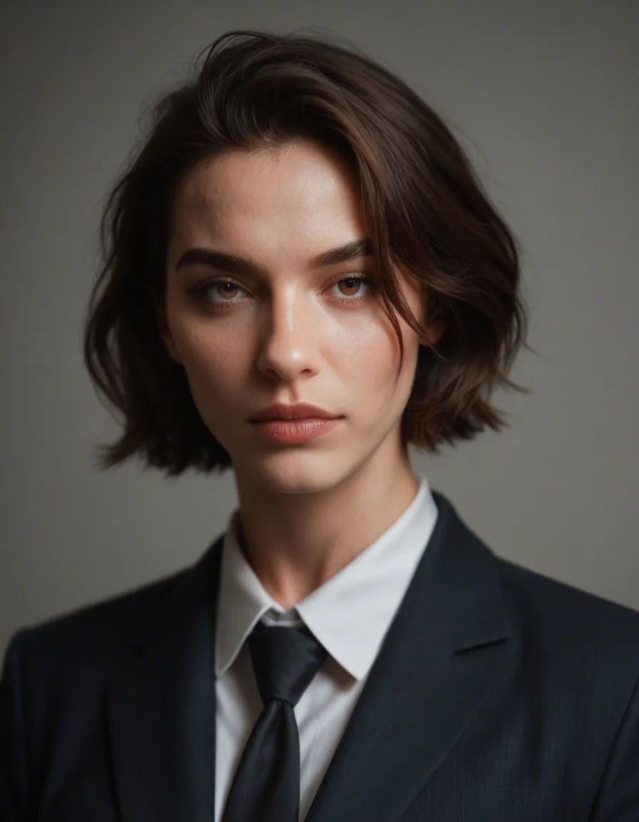 professional photo, high detail, brunette woman, short hair, necktie, presenting, cool tones, RAW photo, score_9, score_8, candid photo, realistic skin texture, visible skin pores, film grain, depth of field