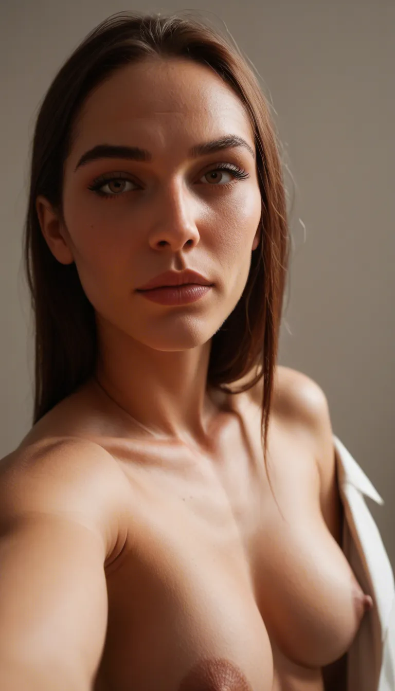 hyper realistic selfie nude photograph, professional photo, 4k, best possible quality, An extremely provocative, close-up "cowboy shot" of a curvy, athletic, perfect rendition of Lara Croft from the waist up. She has pulled down the side of her teal leotard, fully exposing one of her large, firm breasts with a perfectly shaped nipple pointing towards the camera. Her hand is gripping the fabric tightly against her skin, creating a sense of tension. Her eyes are hooded and seductive, with her glossy lips slightly parted. The background is the warm, gold-toned blur of her library, but the focus is entirely on her exposed flesh and the intense, intimate gaze she directs at the viewer. , close-up portrait, , handheld selfie, score_9, score_8, candid photo, realistic skin texture, visible skin pores, film grain, depth of field, score_9, score_8, amateur photo, phone snapshot, realistic skin texture, skin blemishes, soft indoor lighting