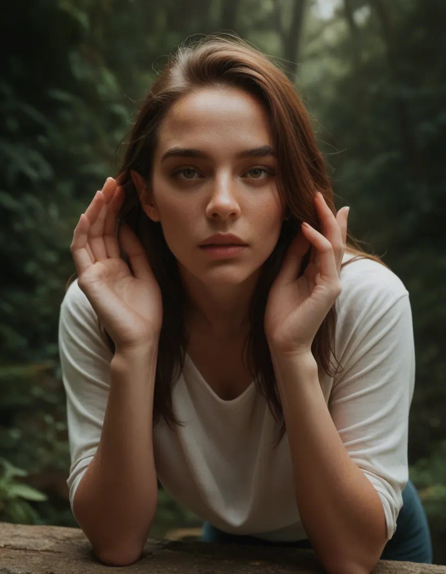 studio quality, sharp focus, elf woman, hands up, shirt, bent over, day, wide shot, film photography, score_9, score_8, candid photo, realistic skin texture, visible skin pores, film grain, depth of field