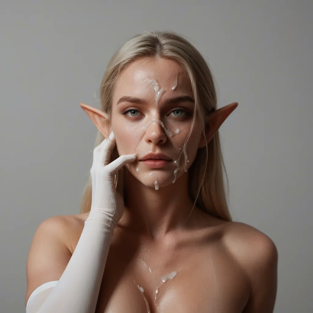 sharp focus, 8k uhd, elf girl, athletic build, elbow gloves, cum on face, grey background, lifelike render