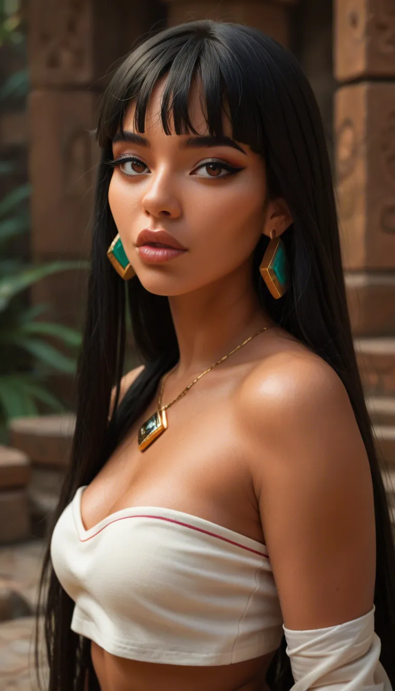 Most realistic and sexualised highly detailed Chel from "Road to El Dorado" cartoon, accurate character face, sharp defined facial features, slightly upturned nose, full lips, dark almond eyes with black "winged" eyeliner, long straight black hair with neat bangs, large thick gold diamond-shape earrings, elegant gold necklace with turquoise pendant, warm brown skin, extremely narrow waist, wide hips, thick thighs, hourglass figure, standing confidently, weight on left leg, left hand on ledt hip, other hand resting on right thigh, seductive expression with slightly open mouth, wearing her canonical outfit: white bandeau-style chest wrap and white loincloth with side ties at the hips, ancient stone temple with columns and palm trees in background, natural sunlight, realistic skin texture, detailed lighting, sharp focus, slightly low camera angle, score_9, score_8, candid photo, realistic skin texture, visible skin pores, film grain, depth of field