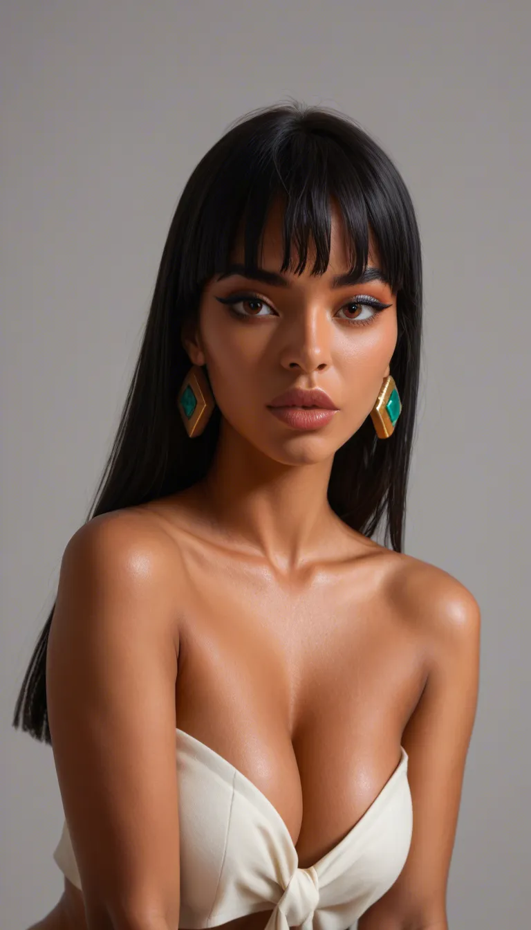 Photorealistic, volume, highly detailed and sexualised Chel from "Road to El Dorado" cartoon, accurate character face, sharp defined facial features, slightly upturned nose, full lips, dark almond eyes with black "winged" eyeliner, long straight black hair with neat bangs, large thick gold diamond-shape earrings, elegant gold necklace with turquoise pendant, warm brown skin, extremely narrow waist, wide hips, thick thighs, hourglass figure, standing confidently in this pose: weight on left leg, left hand on ledt hip, other hand resting on right thigh. Seductive expression with slightly open mouth, wearing her canonical outfit: white bandeau-style chest wrap and white loincloth with side ties at the hips, ancient stone temple with columns and palm trees in background, natural sunlight, realistic skin texture, detailed lighting, sharp focus, slightly low camera angle, score_9, score_8, candid photo, realistic skin texture, visible skin pores, film grain, depth of field