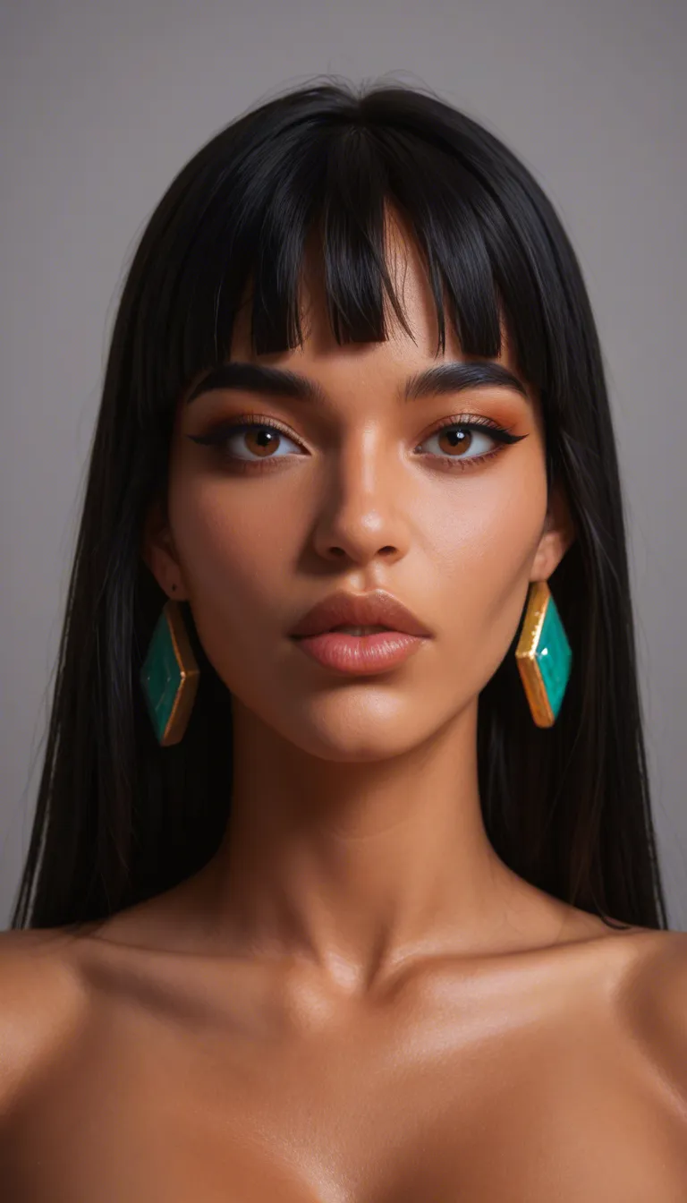 Photorealistic highly detailed and sexualised Chel from "Road to El Dorado" cartoon, accurate character face, sharp defined facial features, slightly upturned nose, full lips, dark almond eyes with black "winged" eyeliner, long straight black hair with neat bangs, large thick gold diamond-shape earrings, elegant gold necklace with turquoise pendant, warm brown skin, extremely narrow waist, wide hips, thick thighs, hourglass figure, standing confidently in this pose: weight on left leg, left hand on left hip, other hand resting on right thigh. Seductive expression with slightly open mouth, wearing her canonical outfit: white bandeau-style chest wrap and white loincloth with side ties at the hips, ancient stone temple with columns and palm trees in background, natural sunlight, realistic skin texture, detailed lighting, sharp focus, slightly low camera angle, score_9, score_8, candid photo, realistic skin texture, visible skin pores, film grain, depth of field