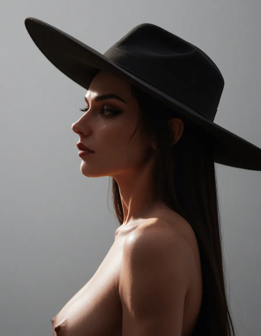 best quality, clean lines, succubus, parted bangs, hat, fully nude, side view, clean lineart