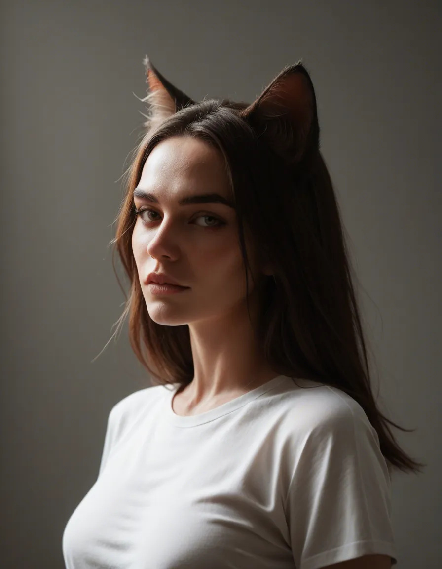 studio quality, sharp focus, catgirl, white shirt, presenting, film photography, score_9, score_8, candid photo, realistic skin texture, visible skin pores, film grain, depth of field