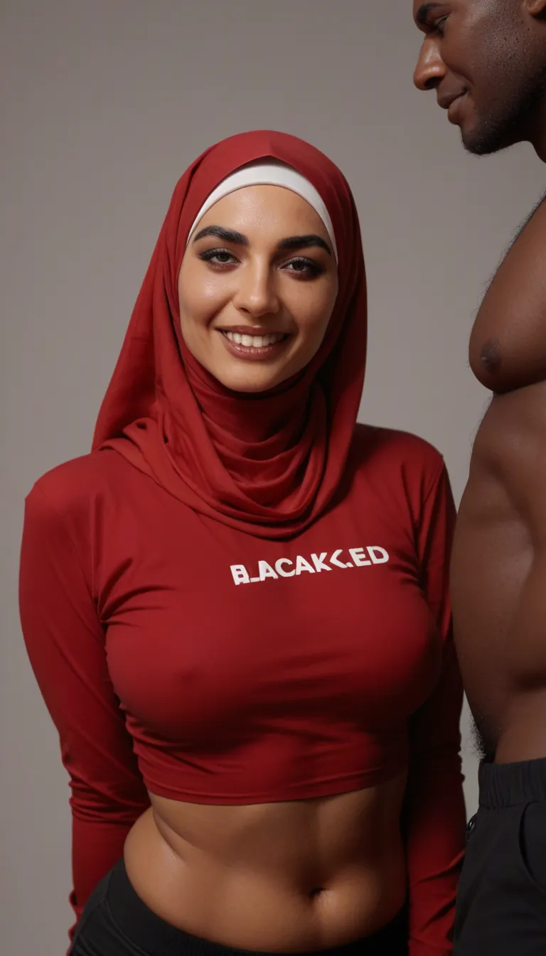 sexy iraqi woman. she is getting fucked real hard by a chubby black man. she is wearing a red hijab. she is wearing a tight blac shirt. the shirt has "BLACKED BITCH" written on it. she is smiling., score_9, score_8, amateur photo, phone snapshot, realistic skin texture, skin blemishes, soft indoor lighting