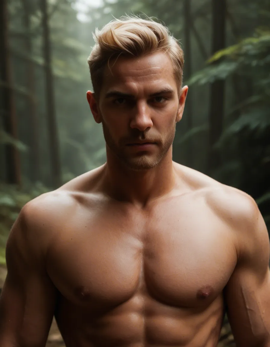 blond anime boy naked in woods, score_9, score_8, candid photo, realistic skin texture, visible skin pores, film grain, depth of field