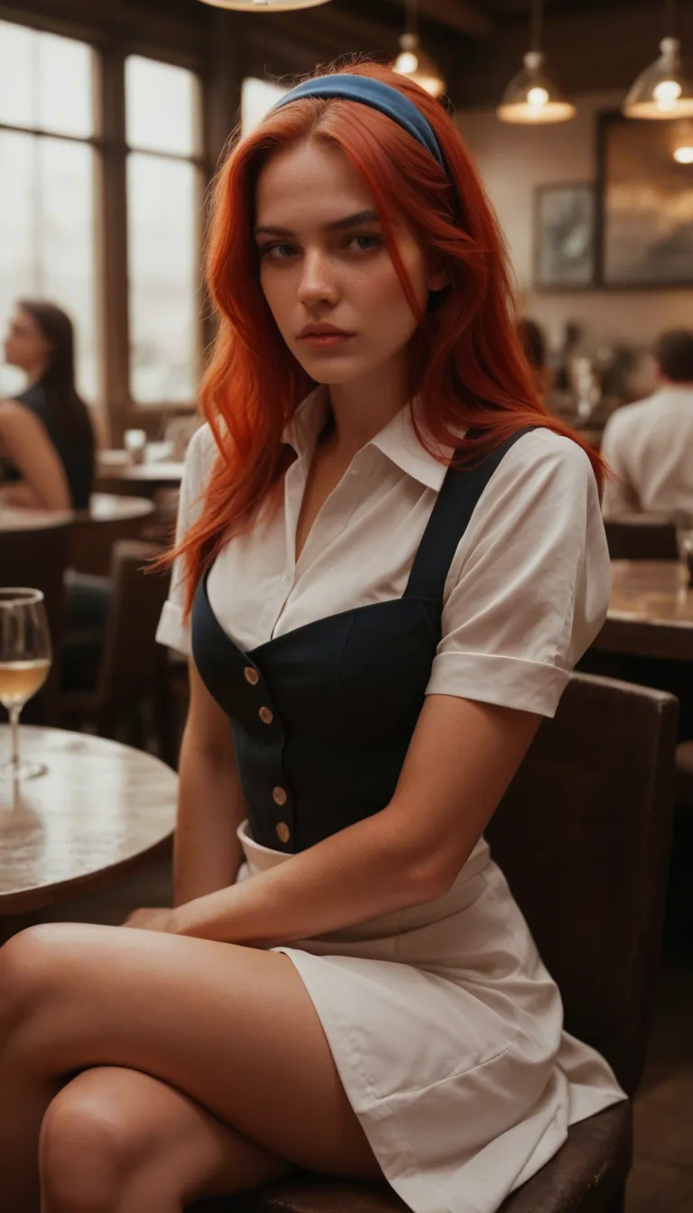 8k, sharp focus, a sultry red hair young woman dressed like a waitress in a blue outift with a waitress hair band sitting crossed legged on a diner counter with a diner background vigorously giving a handjob to one standing man who is ejaculating cum on her clothes