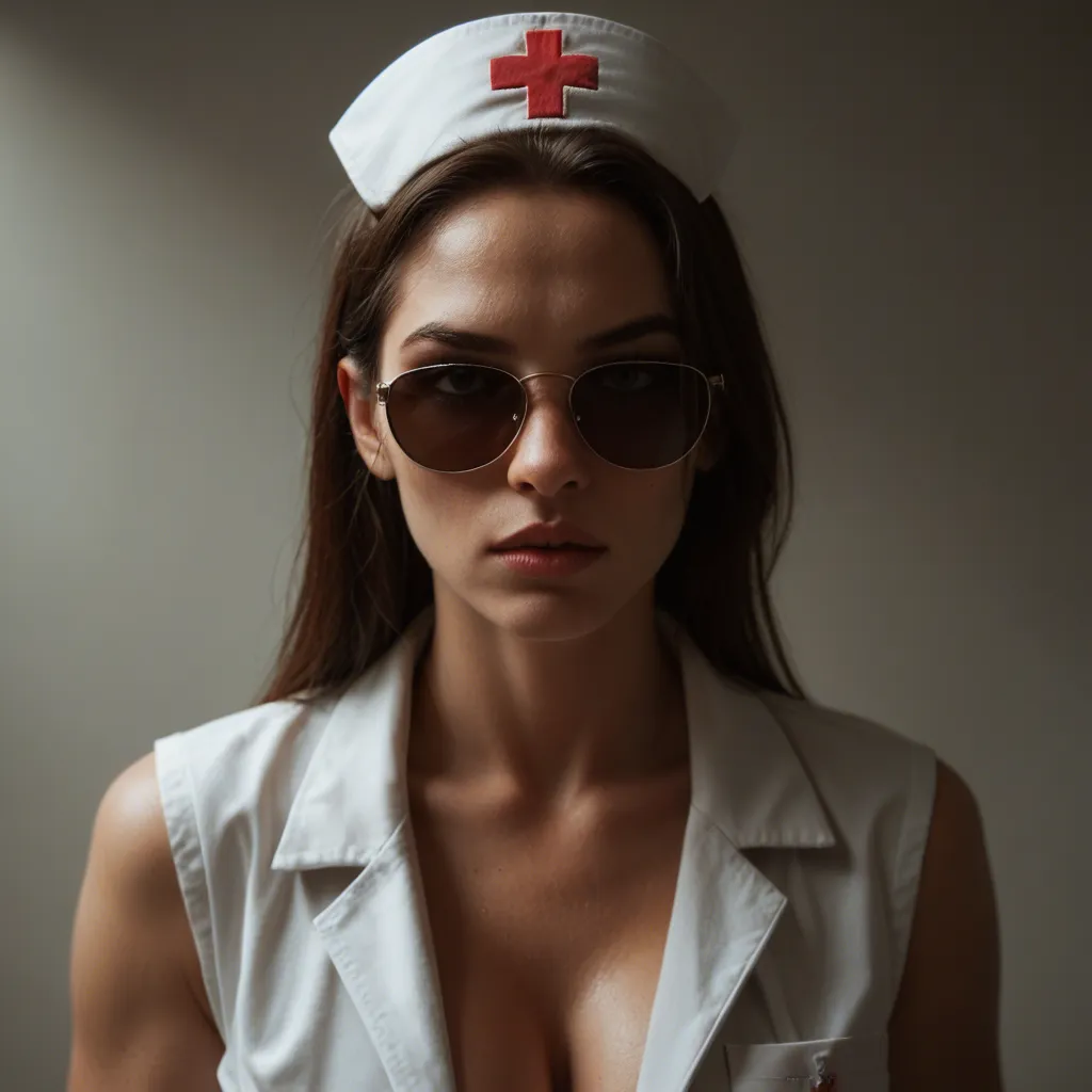 cinematic photo, 8k, extreme close-up, nurse, undressing, sunglasses, RAW photo