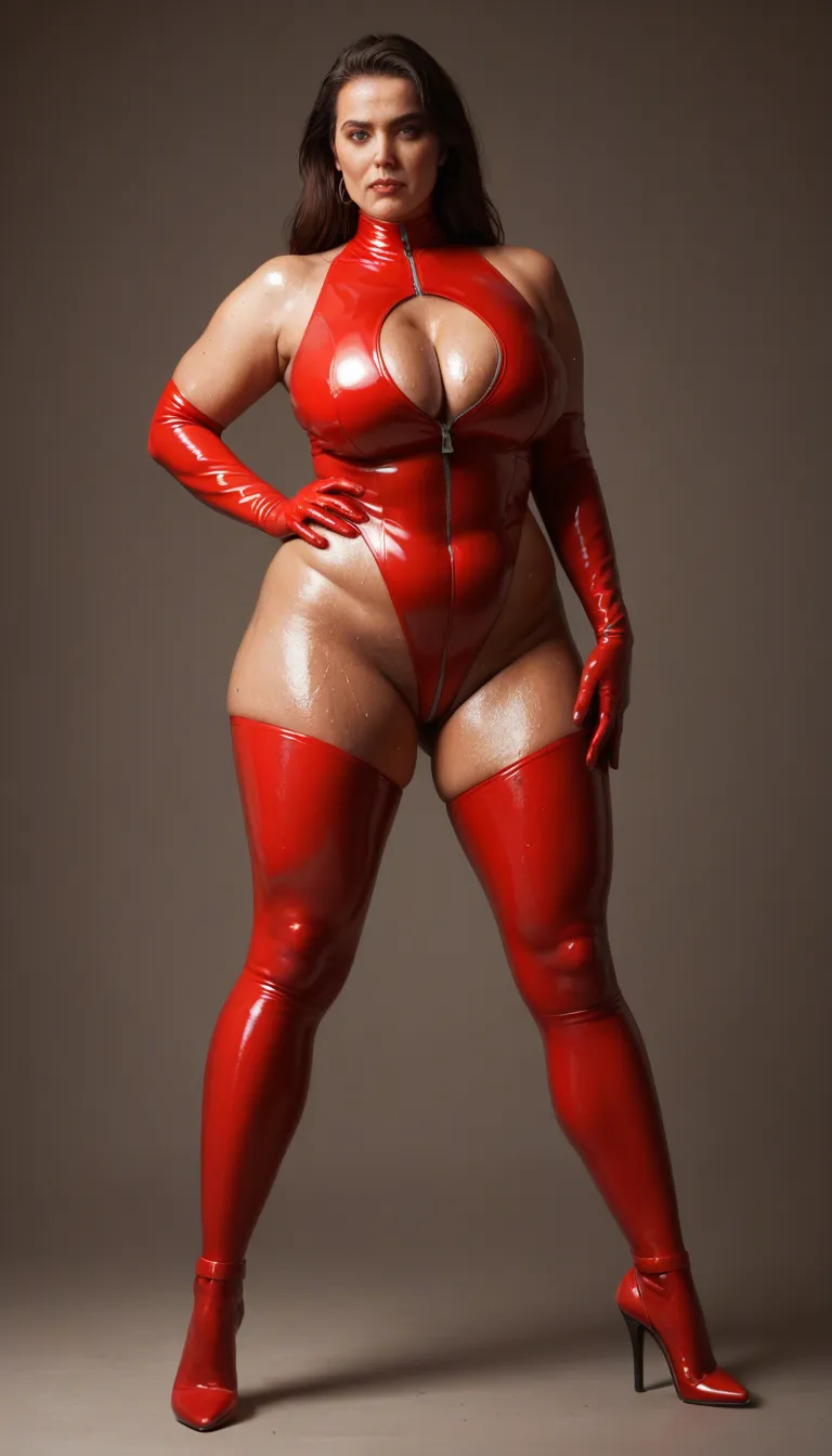 Bbw tall milf,sweaty, staring at viewer, wearing red Zipped crotch latex leggings , heels, opera gloves , paizuri