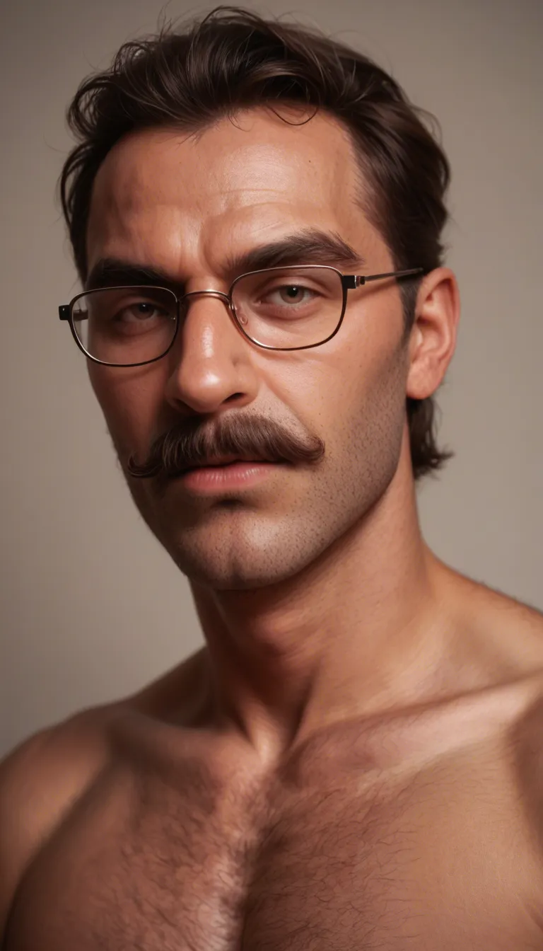 sharp focus, 8k uhd, photorealistic. A middle-aged man (mid 40s), distinguished by his scholarly glasses and a well-groomed, thick mustache, is leaning down with focused tenderness, his naked body reflecting a natural, paternal confidence. he is stroking his penis and masturbating while his other hand pinches one of his nipples in pleasure, score_9, score_8, candid photo, realistic skin texture, visible skin pores, film grain, depth of field