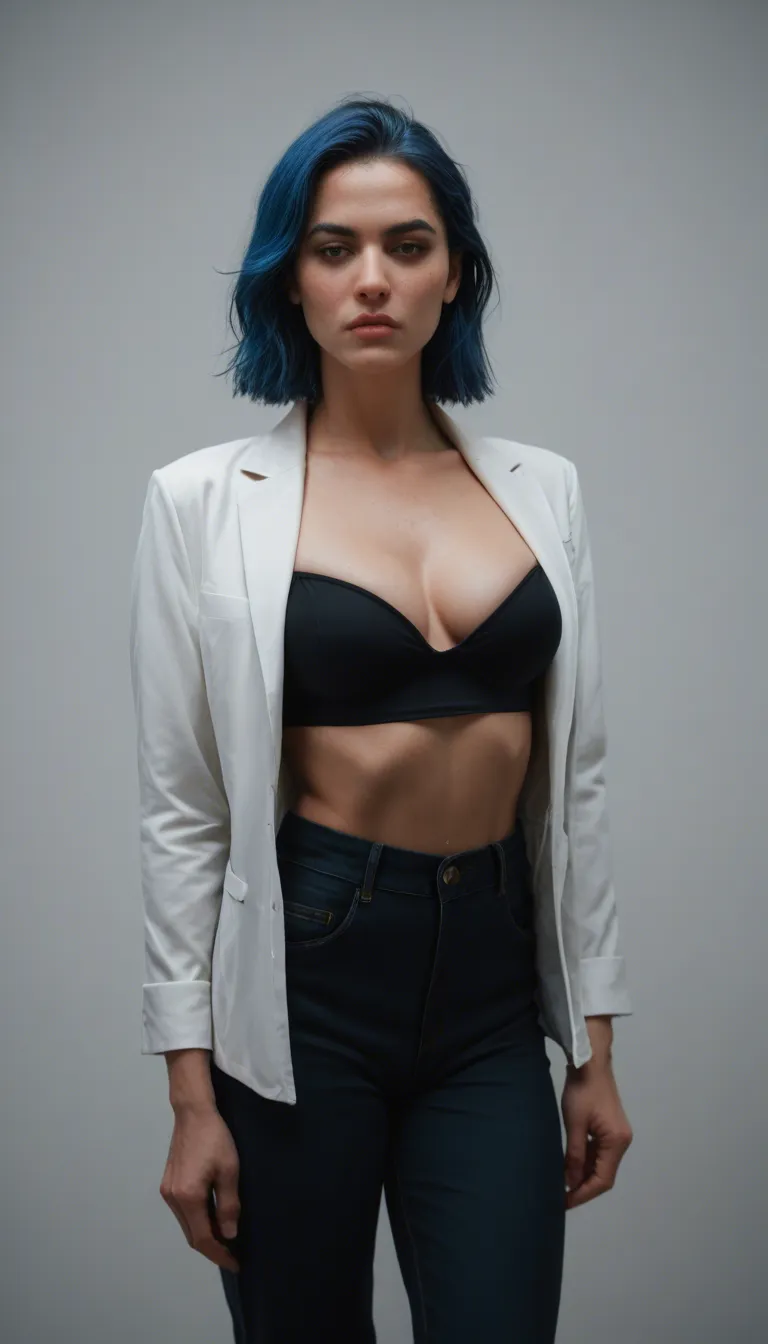 Blue hair hyperrealistic Asian women in a pants suit slowly undressing