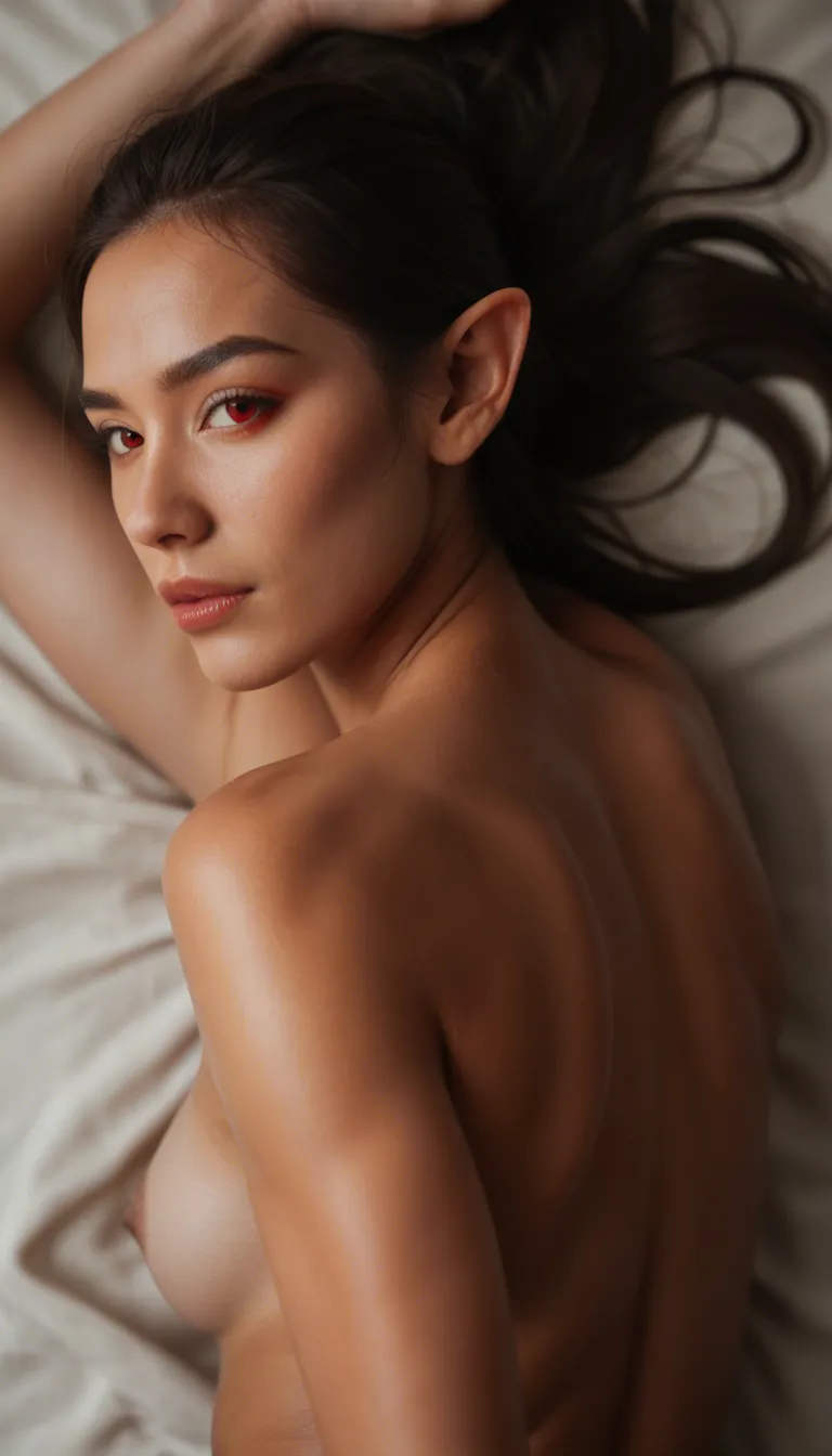 sharp focus, detailed skin, full view, lying on_back, gorgeous, beautiful face, Asian, red_eyes, long pointy_ears, short black swept back horns, seductive bed background, sexy suggestive smile, hyperrealistic, sex, pov, naked. Show viewers cock fucking her pussy hard and fast