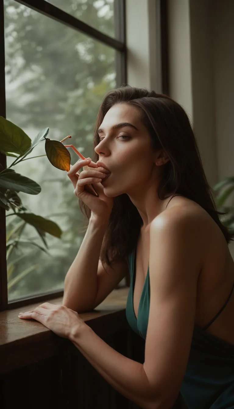 ultra HD, lifelike, brunette woman, bare arms, cocktail dress, blowjob, leaf, dutch angle, window light, film photography