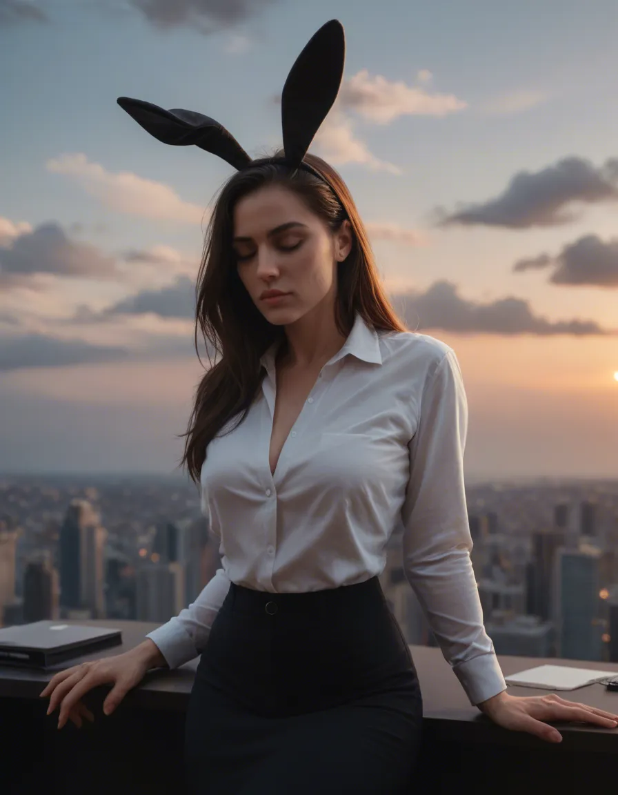 ultra HD, lifelike, office lady, futanari, fake animal ears, cloudy sky, hyperrealistic, sleeping buyty, score_9, score_8, candid photo, realistic skin texture, visible skin pores, film grain, depth of field