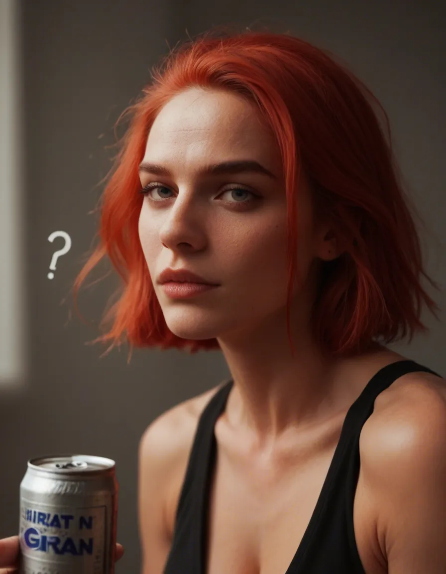 Can you make a trans girl with red hair and with a giant dick?, score_9, score_8, candid photo, realistic skin texture, visible skin pores, film grain, depth of field