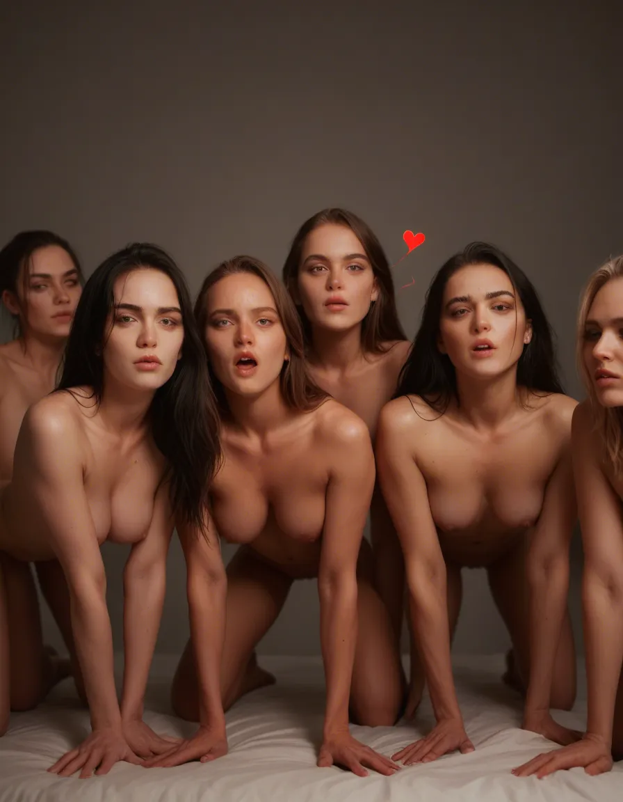 studio quality, sharp focus, 5girls, heart, on all fours, candlelight, dslr quality, score_9, score_8, candid photo, realistic skin texture, visible skin pores, film grain, depth of field