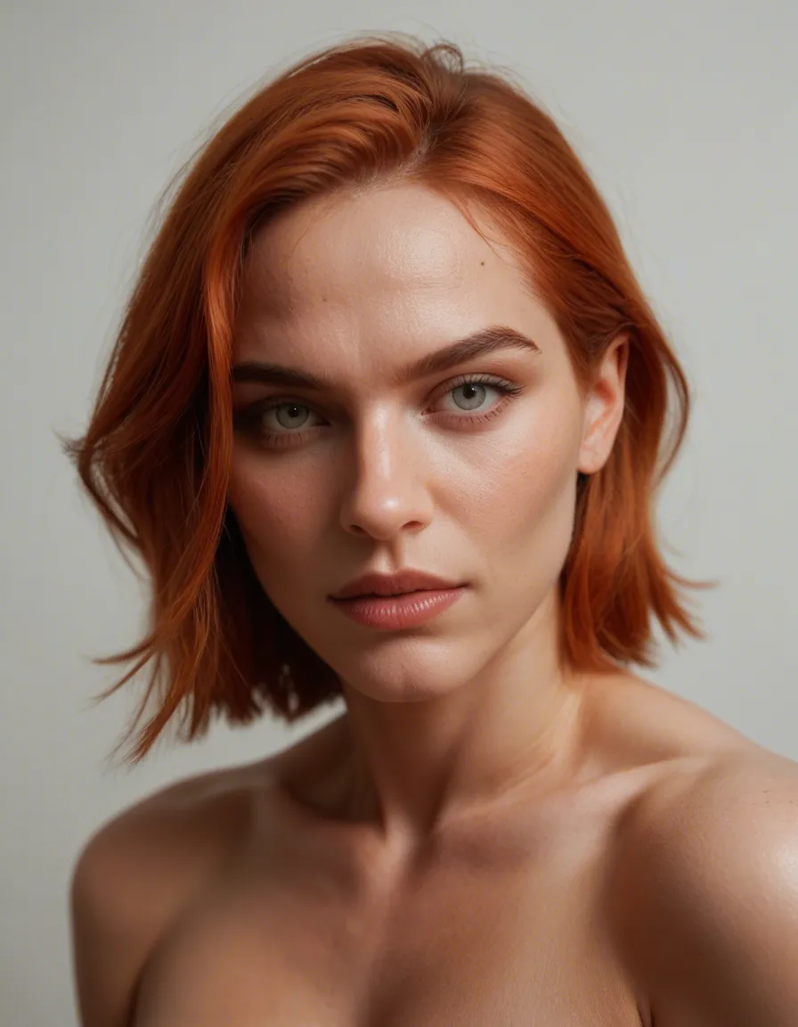 professional photo, high detail, redhead woman, weapon, fully nude, hyperrealistic, score_9, score_8, candid photo, realistic skin texture, visible skin pores, film grain, depth of field