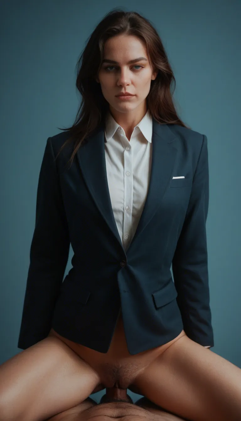 professional photo, high detail, 1other, legs, jacket, reverse cowgirl, blue background, hyperrealistic