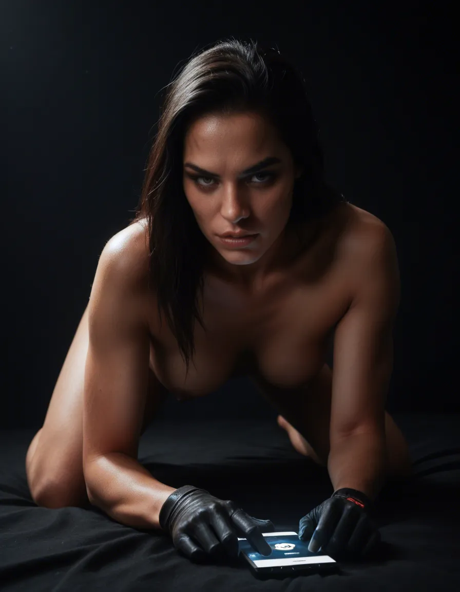 8k, sharp focus, detailed skin, demon woman, breasts, gloves, on all fours, black background, wide shot, hyperrealistic, score_9, score_8, amateur photo, phone snapshot, realistic skin texture, skin blemishes, soft indoor lighting