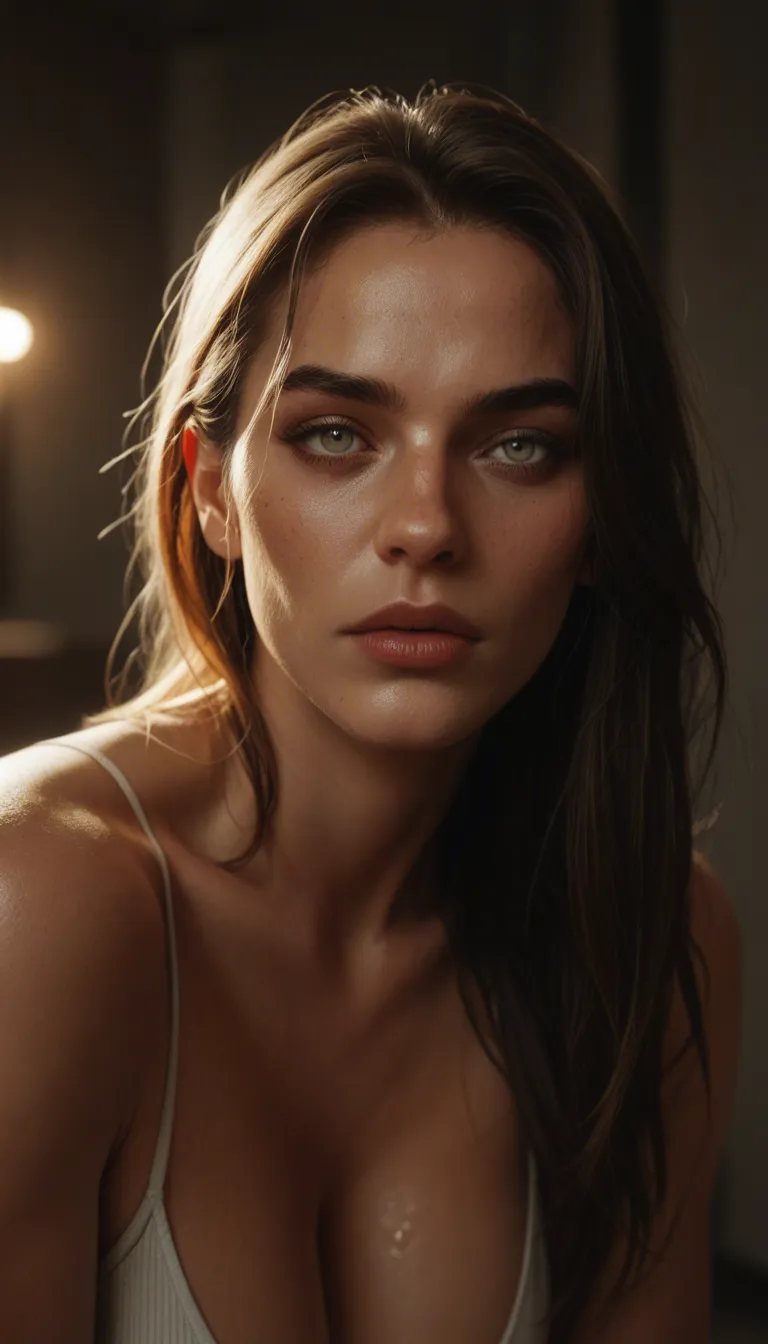 The scene is a stainless steel clean room with a large drain in the middle of the floor. An attractive white woman in her early thirties with honey colored eyes and brown hair in a tight double bun is getting brutally fucked by three different men in her ass, pussy and mouth we only see from the neck down. She is handcuffed.