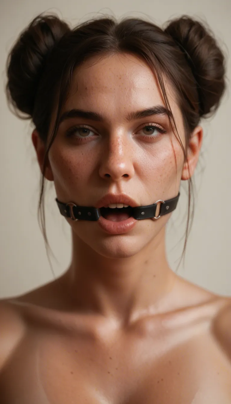 an attractive white woman with a double bun hairstyle is ballgagged in front of us in a close up shot. She blinks and then moans behind the gag.