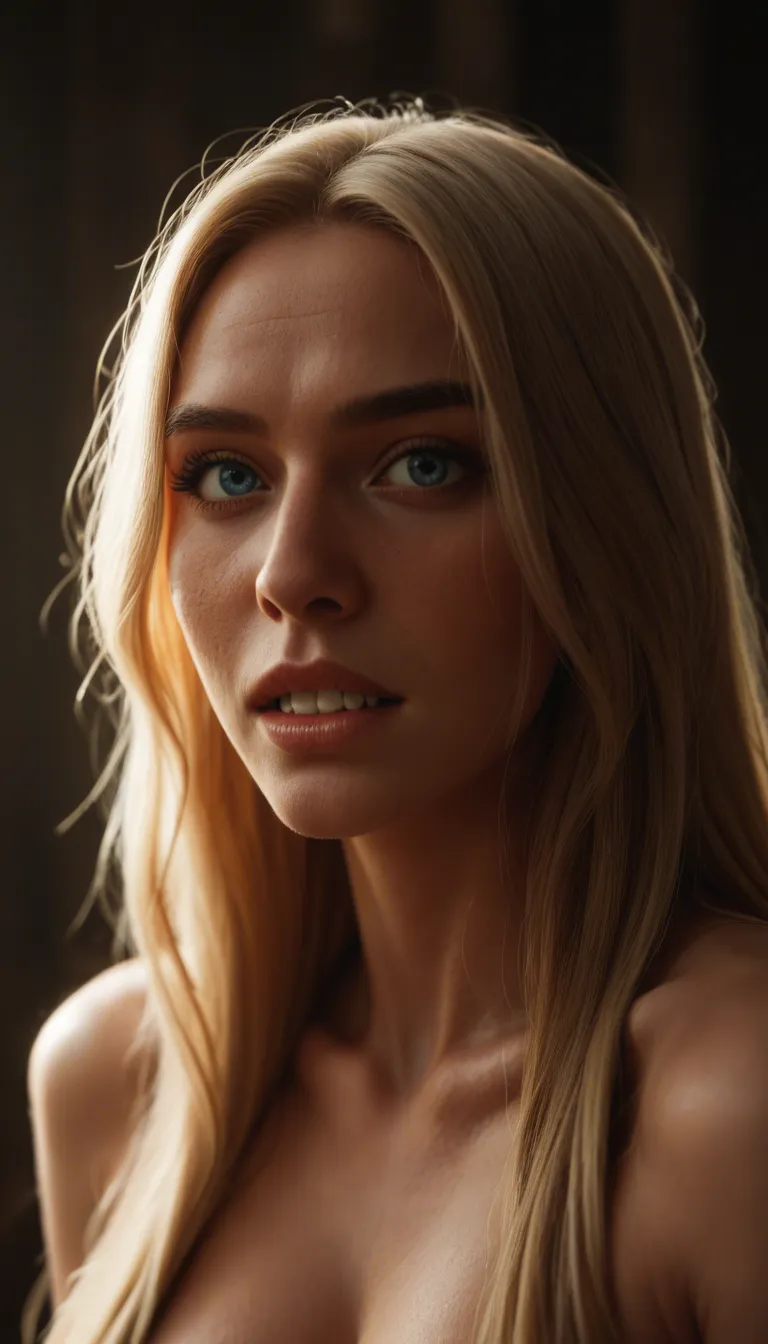 a 55-year-old wavy long-haired blonde wife with a full figure, long face, big blue eyes, big nose, big teeth, big long saggy natural tits with oversized areolae and hard thick nipples; she is looking down and laughing while leaning over; from_below with her tits hanging; wide shot