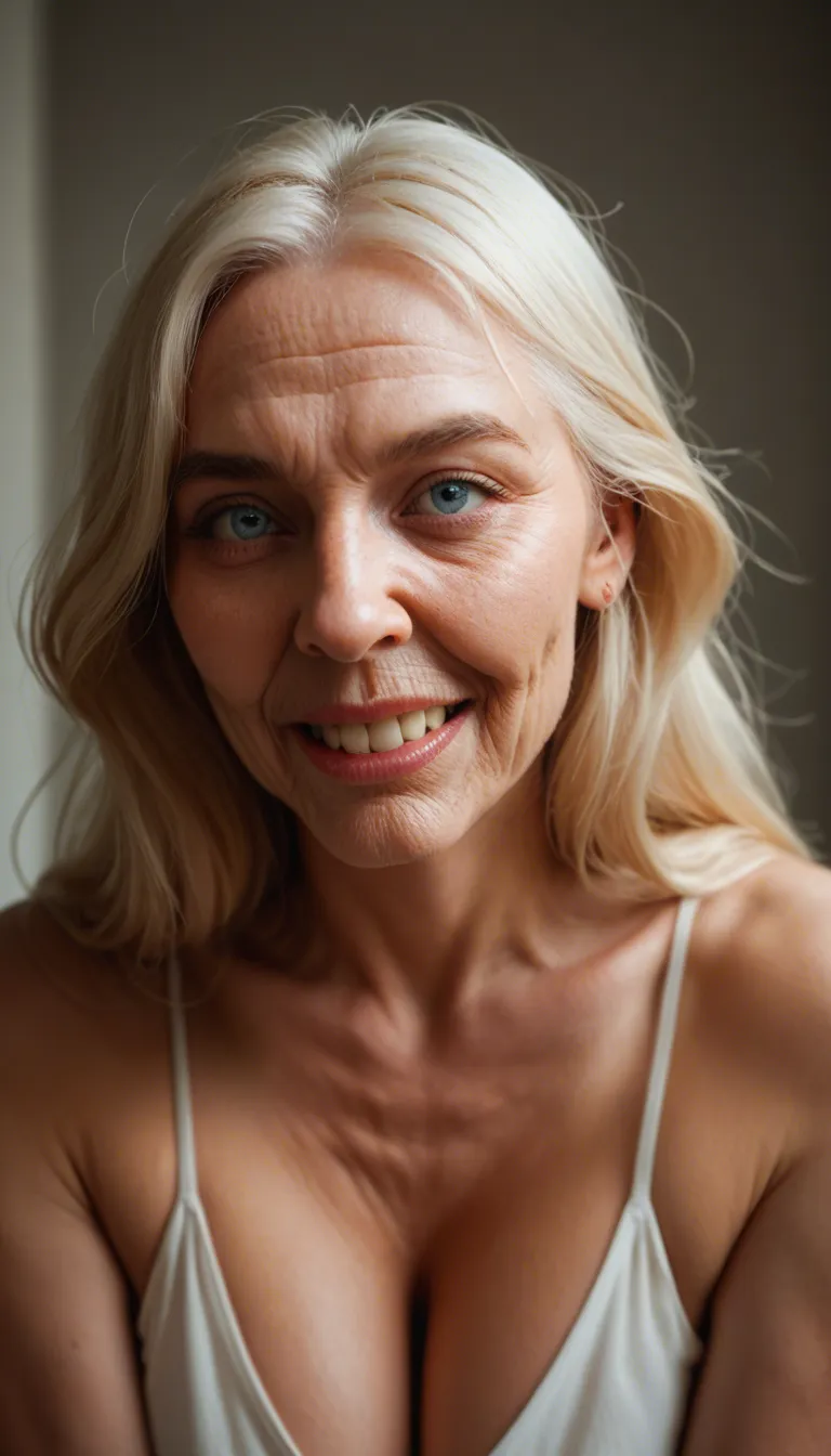 a wavy long-haired blonde grandma with a full figure, long face, big blue eyes, big nose, big teeth, big long saggy natural tits with oversized areolae and hard thick nipples; she is looking down and laughing while leaning over; from_below with her tits hanging; wide shot; Las Vegas hotel room at night