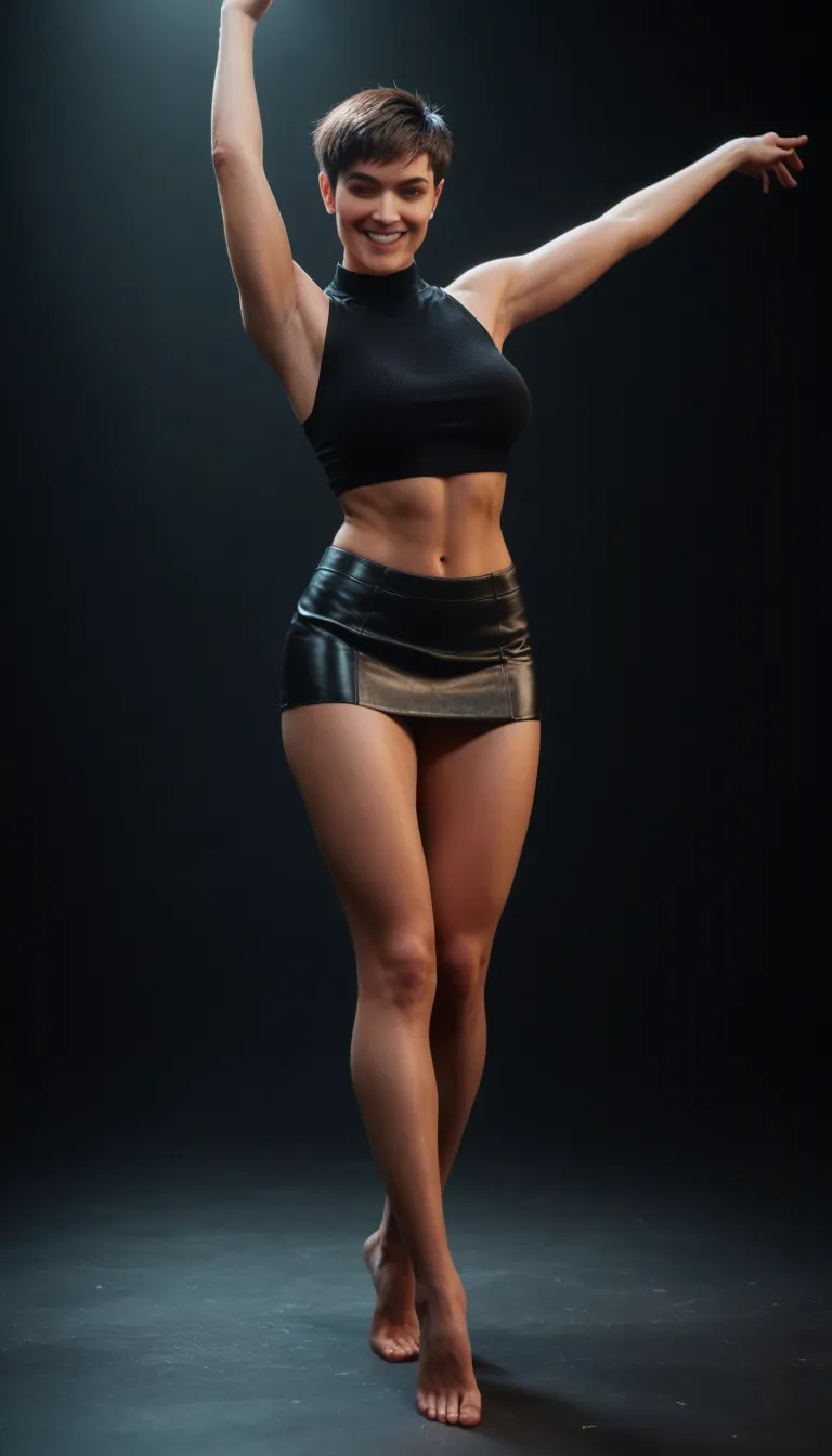 RAW photo, ultra realistic, short brunette pixie cut hair, seductive_smile, curvy, large_breasts, dancing, legs_apart, black leather microskirt, cropped white leather vest , unzipping, flashing, bare breasts_out, high_heels, large hoop_earrings, full_body, wide_shot
