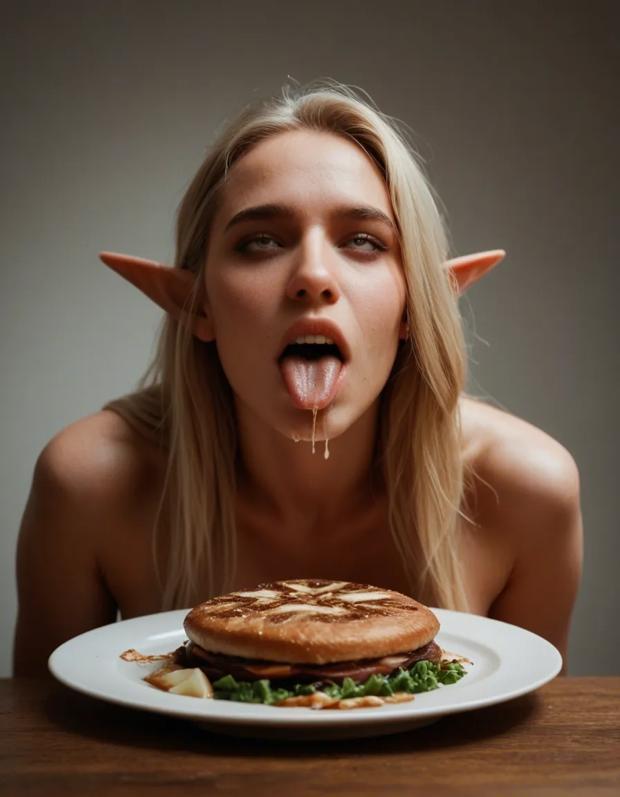 RAW photo, ultra realistic, elf girl, food, ahegao, natural skin texture, score_9, score_8, candid photo, realistic skin texture, visible skin pores, film grain, depth of field