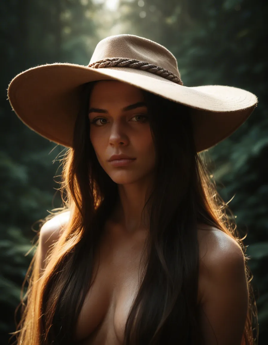highly detailed, natural lighting, solo focus, very long hair, hat, presenting, photorealistic, score_9, score_8, candid photo, realistic skin texture, visible skin pores, film grain, depth of field