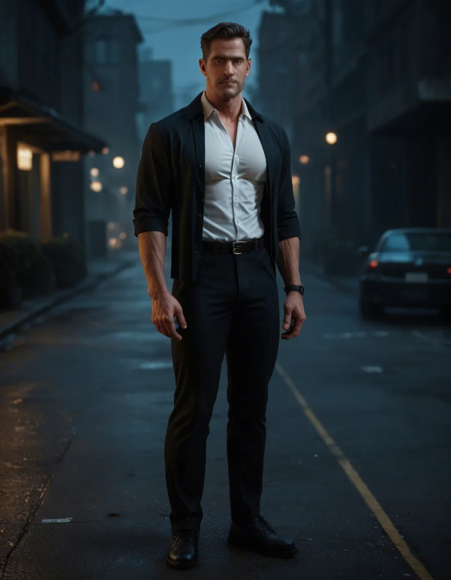 RAW photo, ultra realistic, fitness model, muscular male, collared shirt, bondage, night, full body, golden hour, cinematic realism, score_9, score_8, candid photo, realistic skin texture, visible skin pores, film grain, depth of field