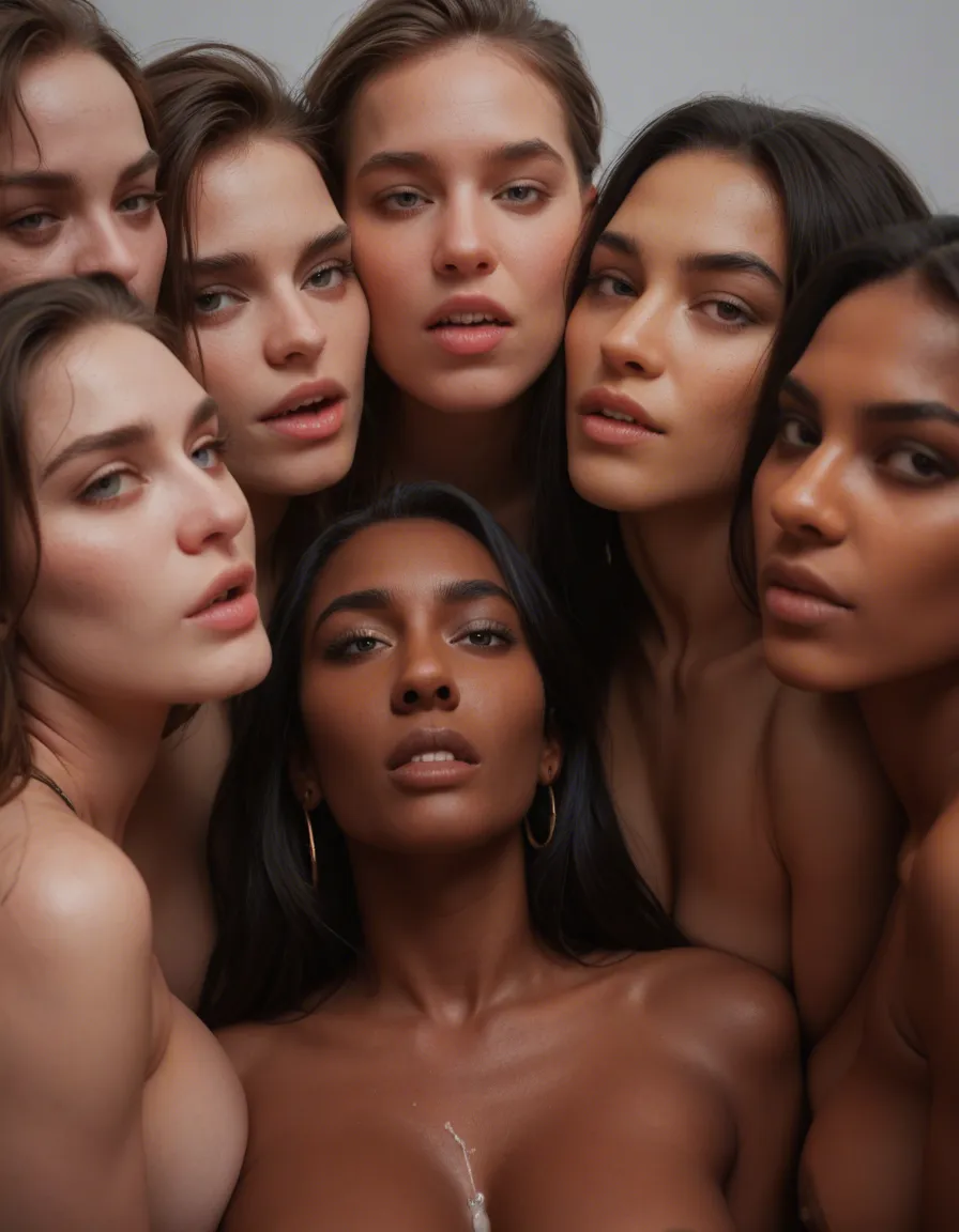 ultra HD, lifelike, 6+women, creampie, dark skin, grey background, tender moment, lifelike render, score_9, score_8, candid photo, realistic skin texture, visible skin pores, film grain, depth of field