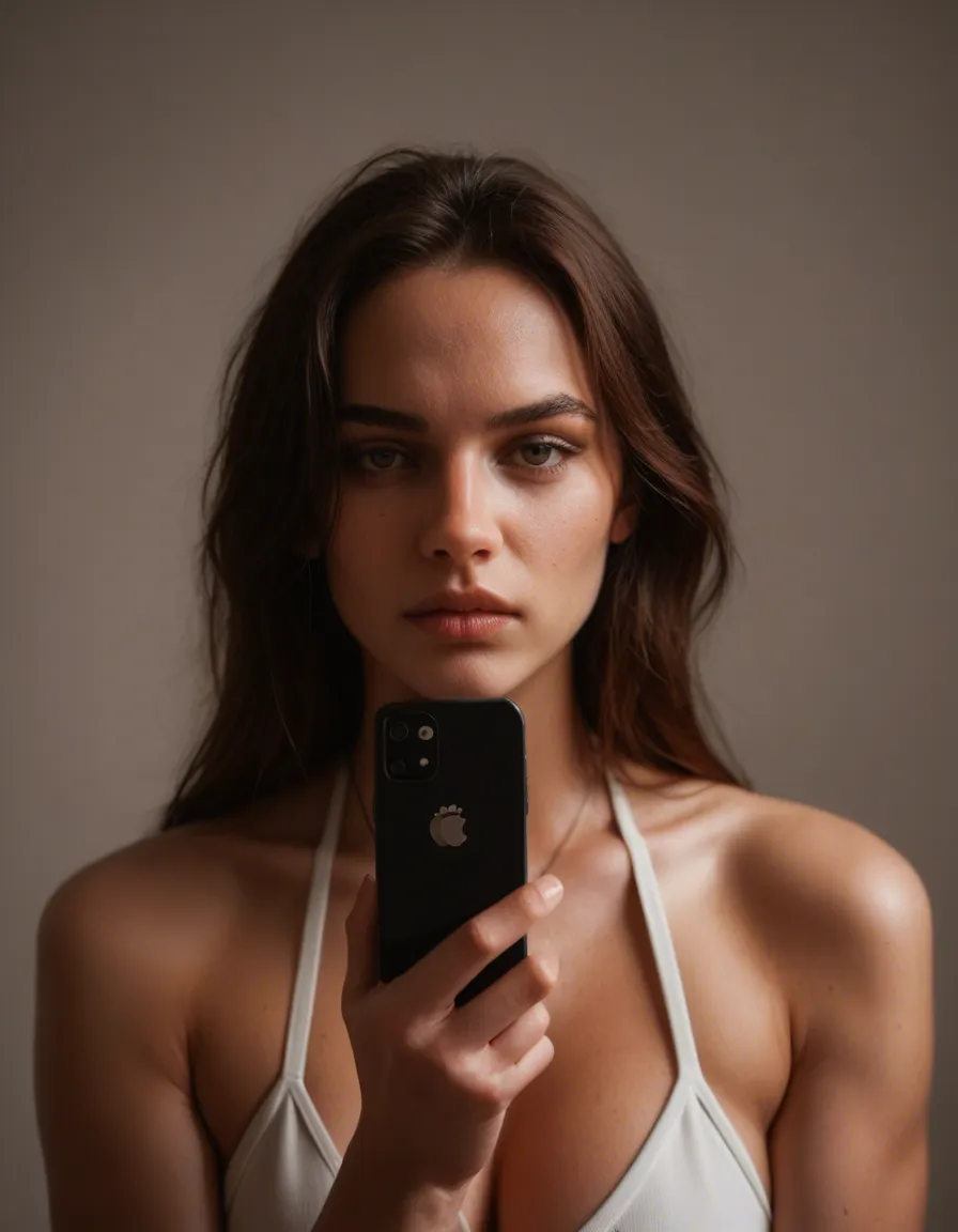 RAW photo, ultra realistic, medium shot, solo focus, futanari, bare arms, cinematic realism, score_9, score_8, amateur photo, phone snapshot, realistic skin texture, skin blemishes, soft indoor lighting
