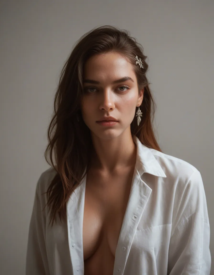 best quality, hyperrealistic, solo, hair ornament, white shirt, fully nude, ambient glow, film photography, score_9, score_8, candid photo, realistic skin texture, visible skin pores, film grain, depth of field