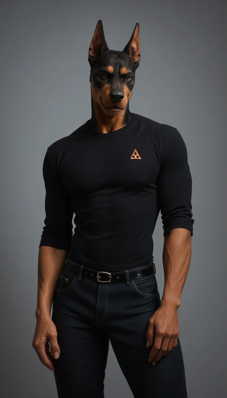 A anthropomorphic Doberman dog character with a muscular build, standing in a confident pose against a dark, gradient background. The dog has black fur with tan markings on the face, chest, and legs, pointed ears, and sharp orange eyes. Its expression is playful and slightly mischievous, with a wide grin showing sharp teeth and a protruding pink tongue. The character is wearing a military-style green harness across the chest, accentuating its muscular form, and a torn, black leather crop top that exposes its large, exaggerated breasts, which are shiny and realistically textured with visible nipples. The fur is detailed with subtle shading and highlights, emphasizing a glossy, wet appearance, while droplets of water or sweat are visible on the skin and fur. The character's large, armored fists are clenched close to its chest, and it commands attention with a dynamic stance and confident demeanor. The overall style is highly detailed, vibrant, with a mix of realistic and stylized elements, creating an intense and bold atmosphere.