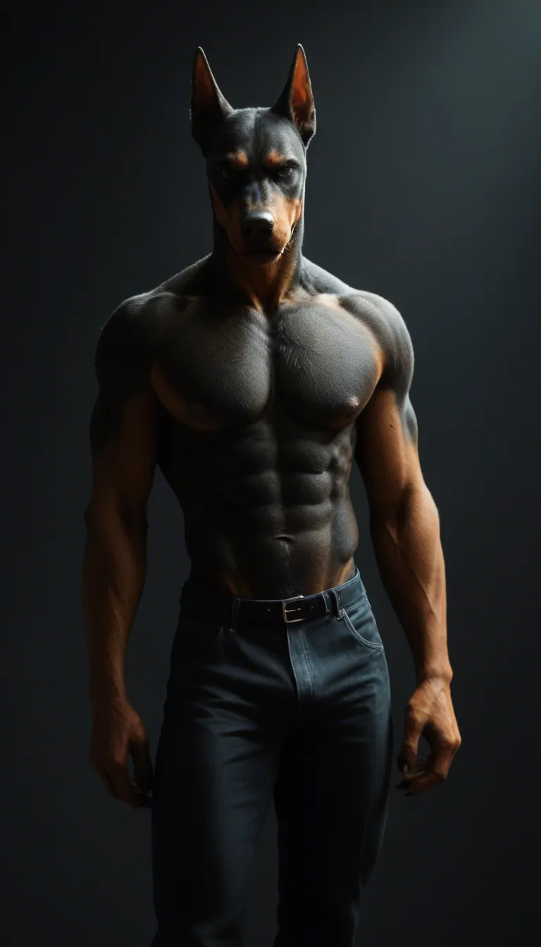 A anthropomorphic Doberman dog character with a muscular build, standing in a confident pose against a dark, gradient background. The dog has black fur with tan markings on the face, chest, and legs, pointed ears, and sharp orange eyes. Its expression is playful and slightly mischievous, with a wide grin showing sharp teeth and a protruding pink tongue. The character is wearing a military-style green harness across the chest, accentuating its muscular form, and a torn, black leather crop top that exposes its large, exaggerated breasts, which are shiny and realistically textured with visible nipples. The fur is detailed with subtle shading and highlights, emphasizing a glossy, wet appearance, while droplets of water or sweat are visible on the skin and fur. The character's large, armored fists are clenched close to its chest, and it commands attention with a dynamic stance and confident demeanor. The overall style is highly detailed, vibrant, with a mix of realistic and stylized elements, creating an intense and bold atmosphere.