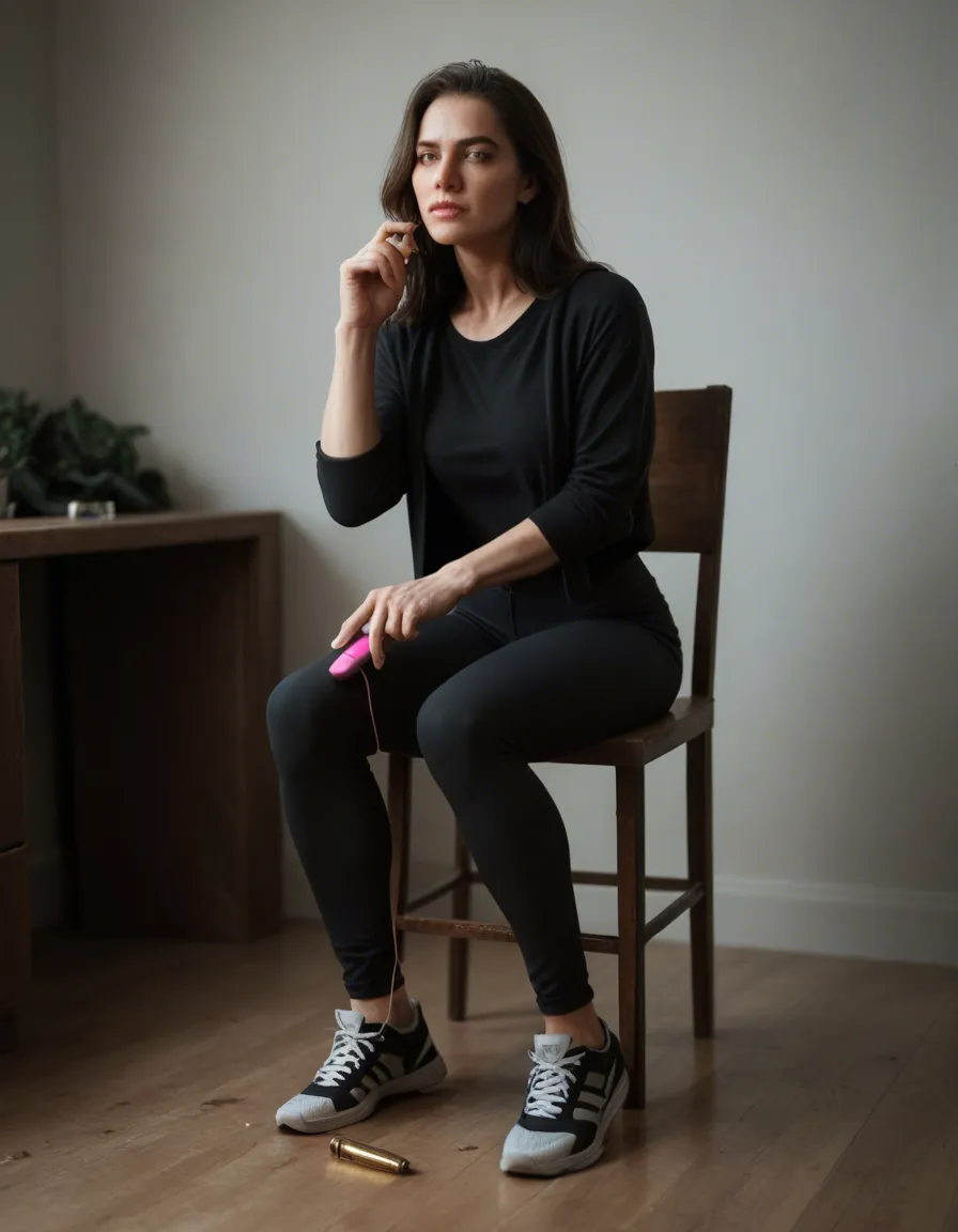 short brunette mature_female , wearing full-length athletic top, athletic pants, sitting on chair, holding bullet vibrator, score_9, score_8, candid photo, realistic skin texture, visible skin pores, film grain, depth of field