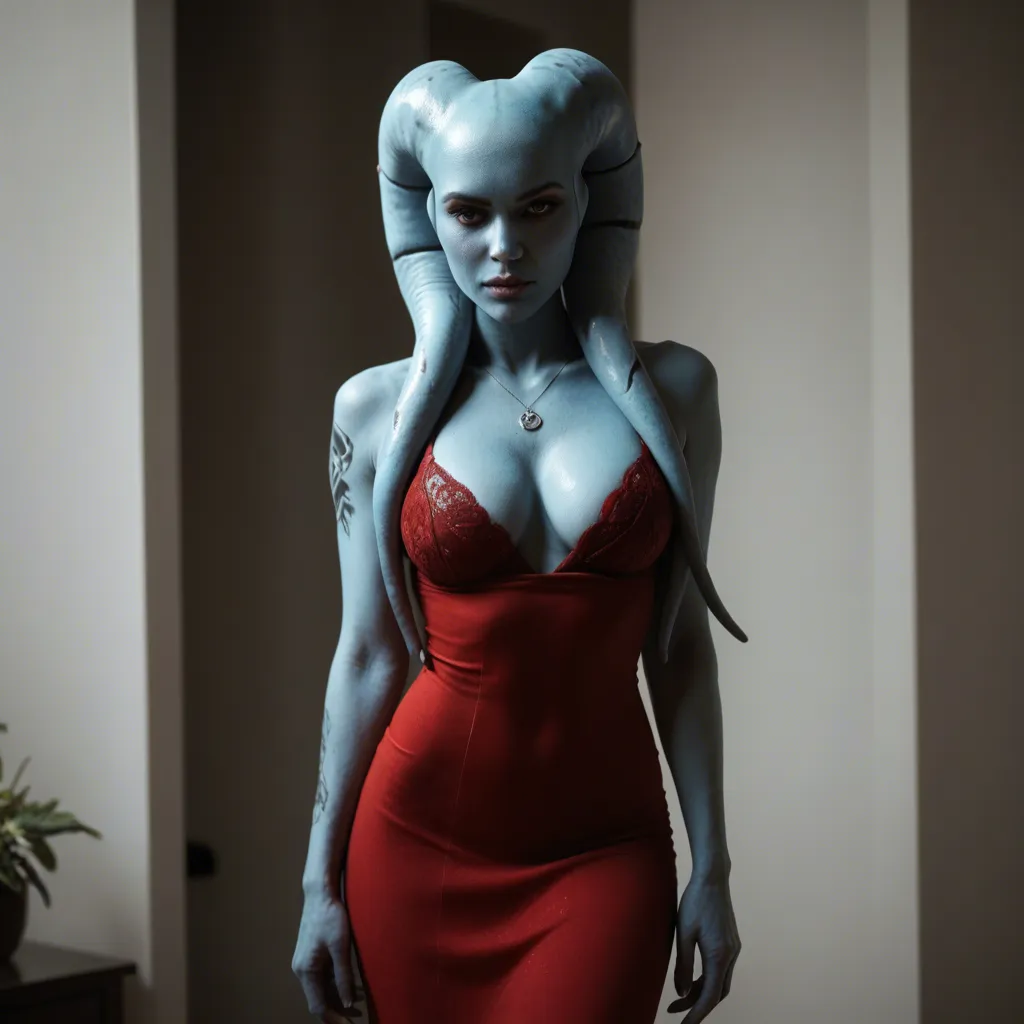 blue skinned twi'lek, visible pubic_tattoo, bottomless, no_bra, dress_lift