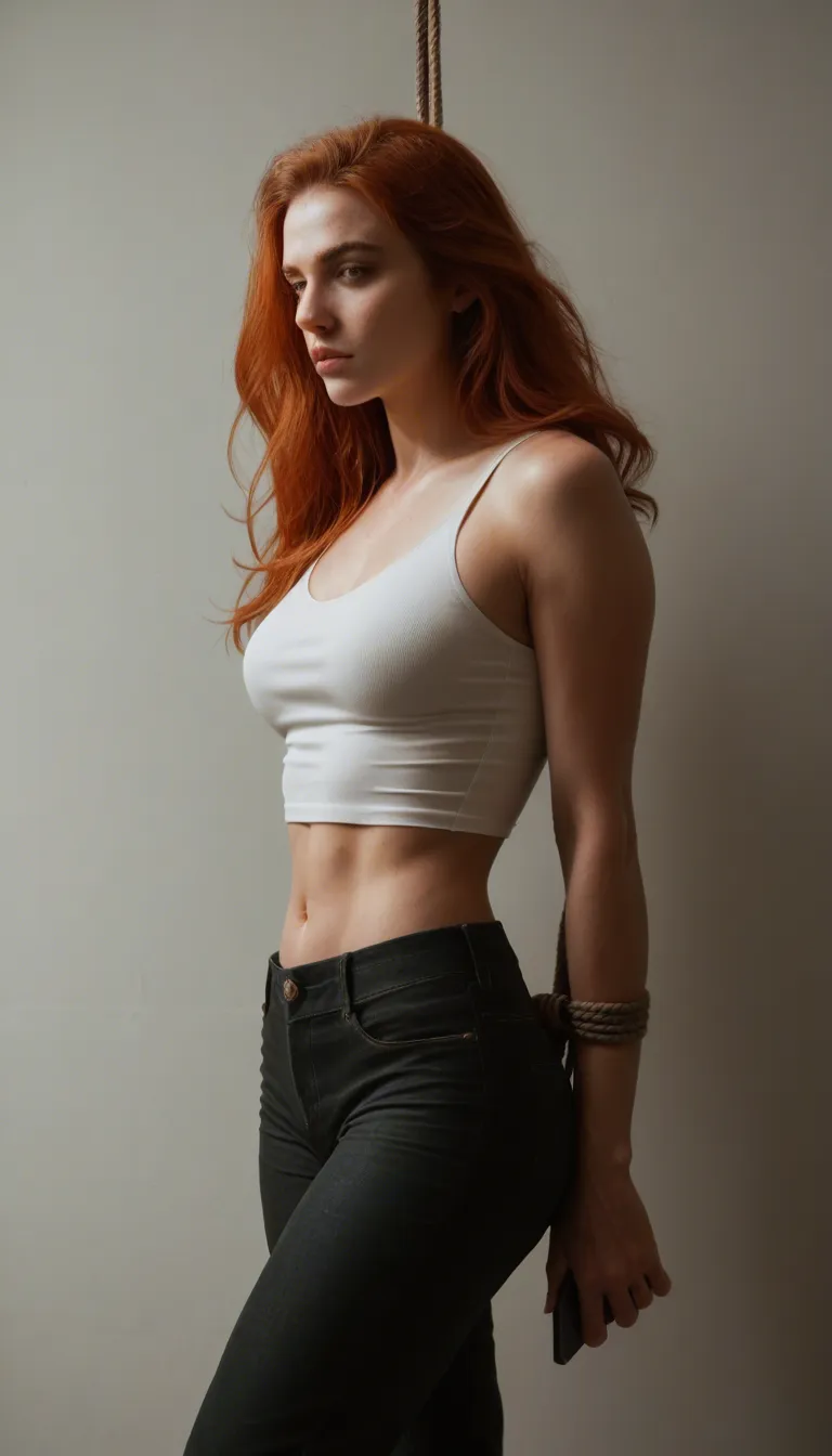 studio quality, sharp focus, redhead woman, floating hair, pants, bondage, cinematic realism, score_9, score_8, amateur photo, phone snapshot, realistic skin texture, skin blemishes, soft indoor lighting