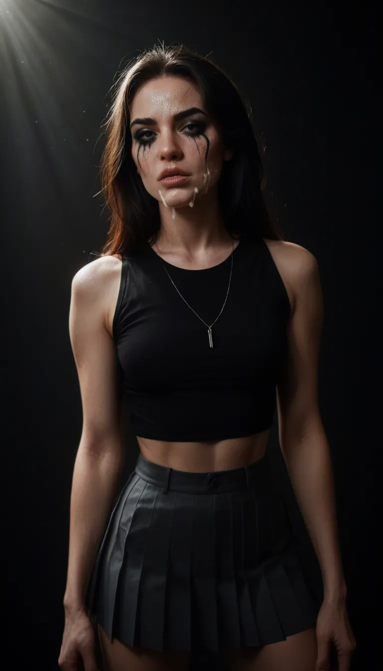 ultra HD, lifelike, solo female, pale_skin, pleated skirt, cum on face, black background, spotlight, dslr quality, goth makeup