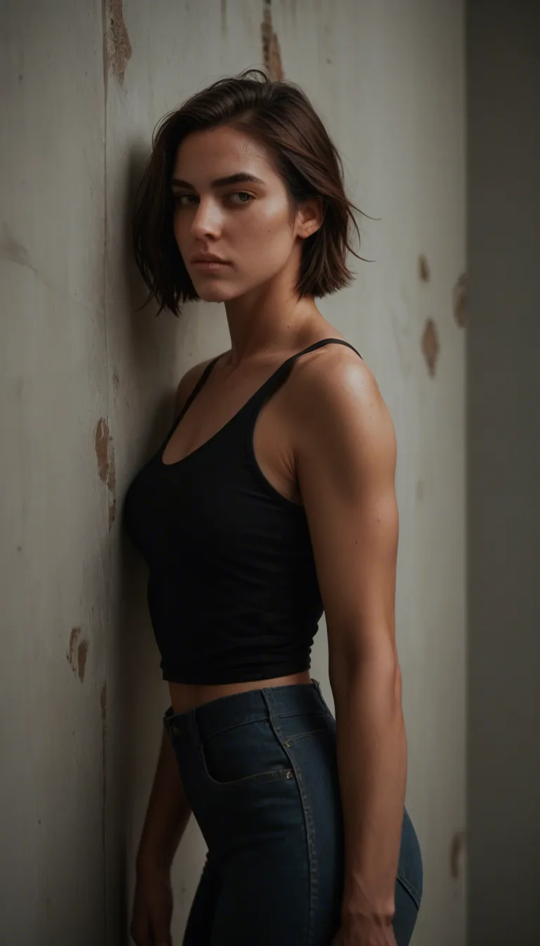 cinematic photo, 8k, 1woman, 1boy behind her. The scene is a short tomboy woman, seen from the side and leaning against a wall, getting vaginally penetrated by a barely off-screen male, the only thing you can see of him are his absurdly huge penis and the bulging it makes on the woman's stomach as he penetrates. The woman is wearing a micro bikini covering her nipples just barely, since she's being seen from the side you also shouldn't be able to see her vagina just the fact that's she's being penetrated.