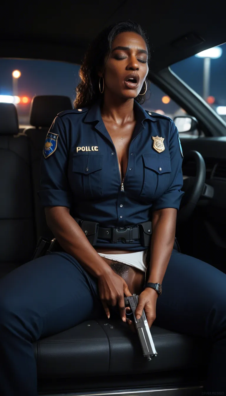 night, short dark-skinned african mature_female , police_uniform , closed shirt, (pants unzipped), white underwear pulled down, some female_pubic_hair , female_masturbation , orgasm, sitting in police car, utility belt, holster , handgun , leaning_back, backlighting, score_9, score_8, candid photo, realistic skin texture, visible skin pores, film grain, depth of field