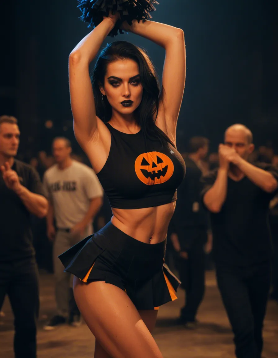 Sexy busty black-haired goth cheerleader, dancing at a crowded halloween party, score_9, score_8, candid photo, realistic skin texture, visible skin pores, film grain, depth of field