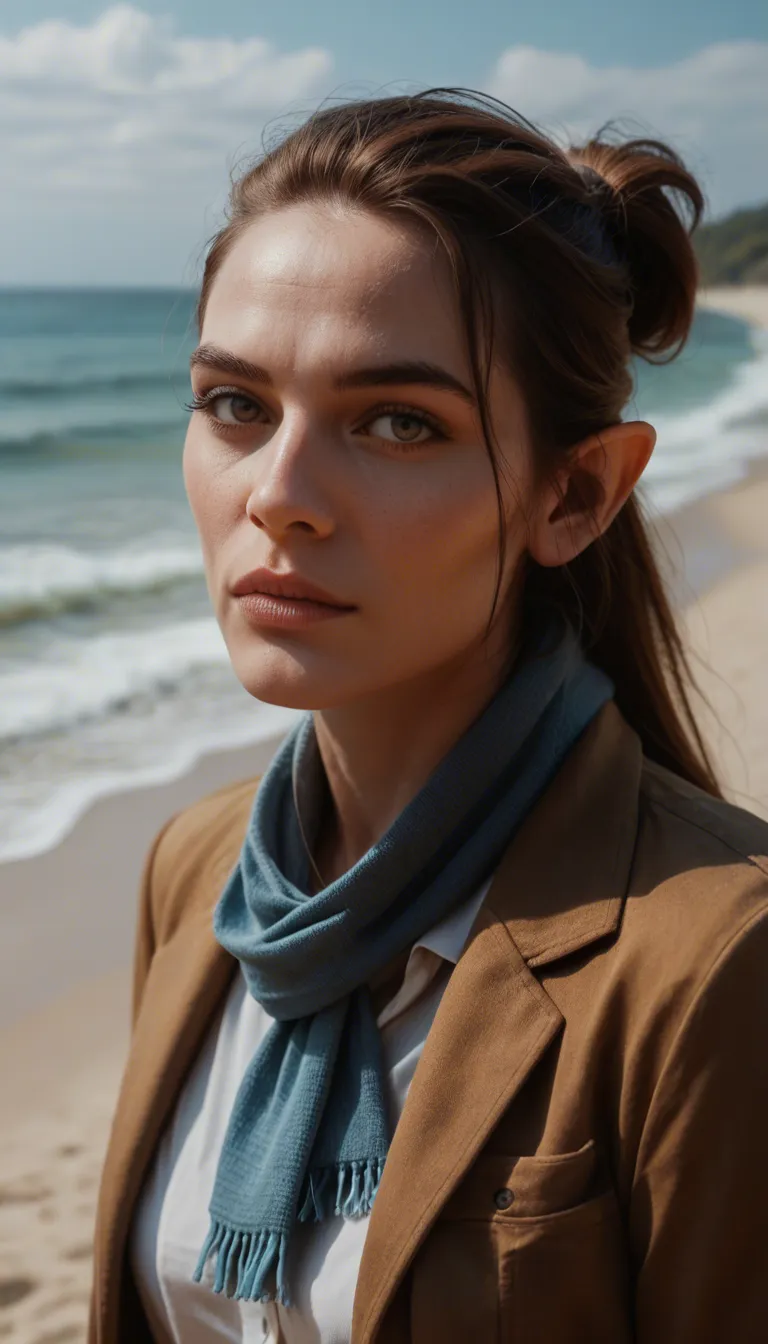 RAW photo, ultra realistic, elf woman, scarf, collared shirt, hair flip, cumshot, beach, cinematic realism