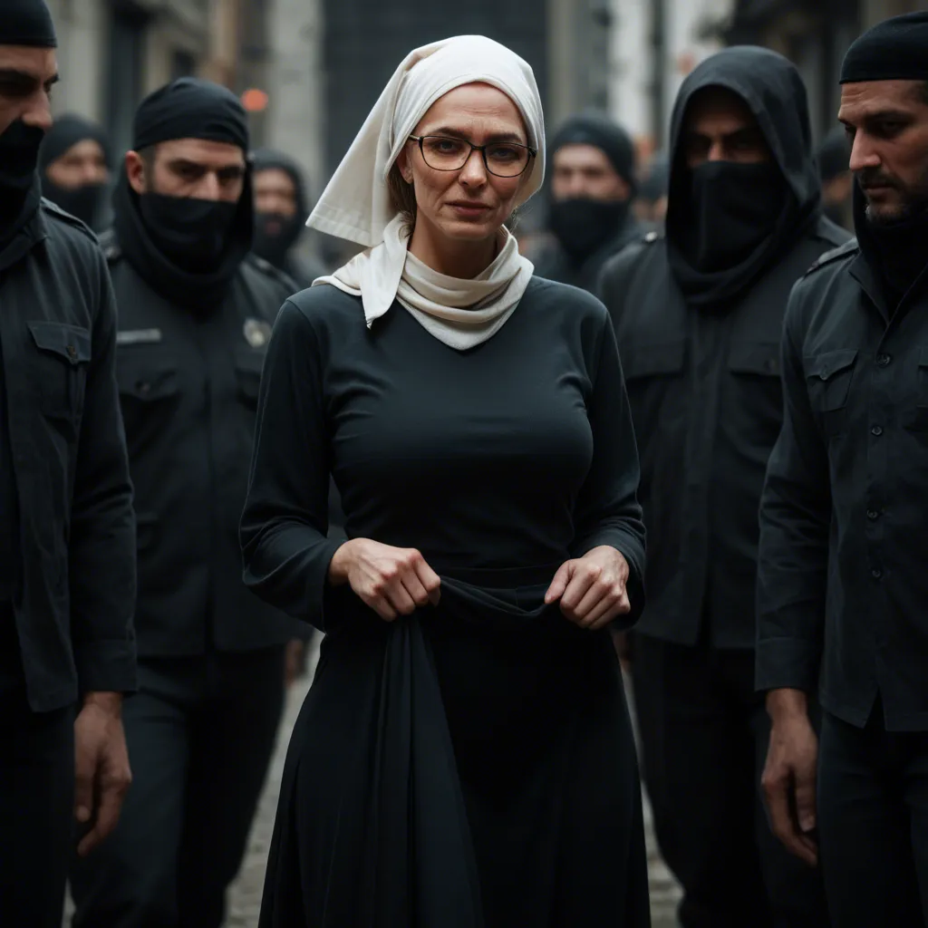 ultraorthodox Israeli settler woman, hair wrapped by very long headscarf, glasses, long sleeves, long skirt lifted up, milf, fucked by many men, group fuck, deep penetrated hairy pussy, anal, double_penetration, big boobs, big ass, Judaean desert, Israeli settlement in background, outdoors