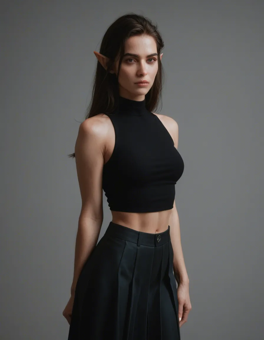 ultra HD, lifelike, elf girl, black skirt, presenting, cool tones, lifelike render, score_9, score_8, candid photo, realistic skin texture, visible skin pores, film grain, depth of field